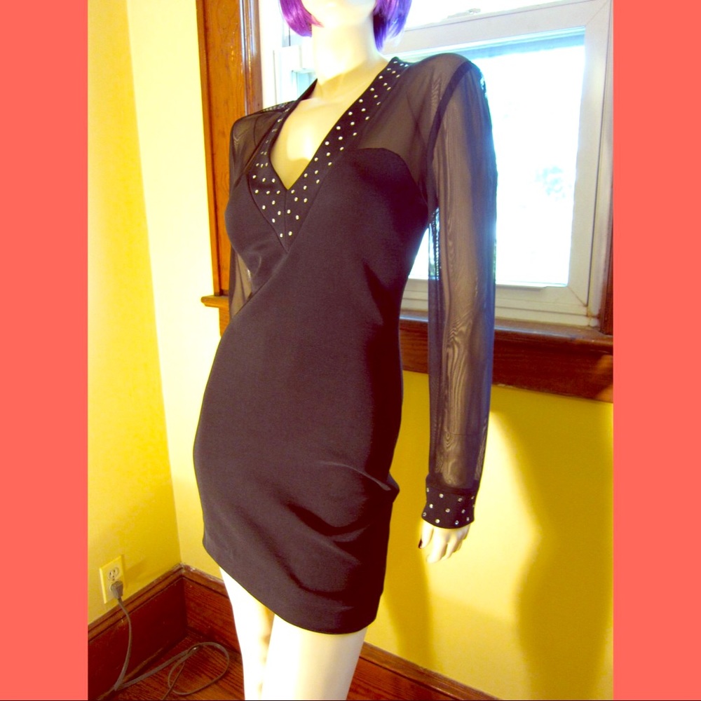 Deep V VTG BLING Rhinestones Sexy Sheer Black Formfit Formal Minidress